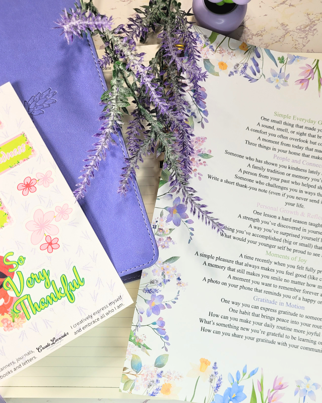 Flay Lay of Create Lavender free printable gratitude prompts background a Bible and lavender plant
